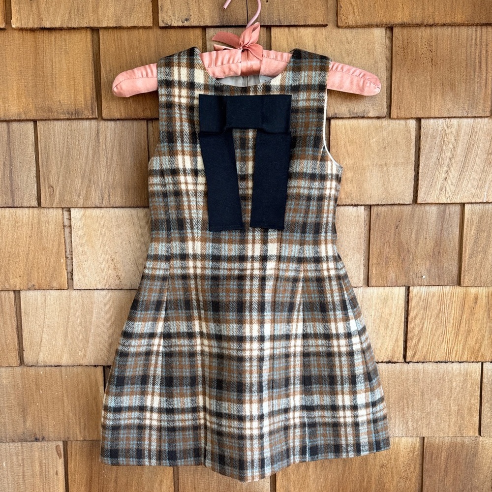 Girls Plaid Sleeveless Bow-Accent Dress - Brown & Cream